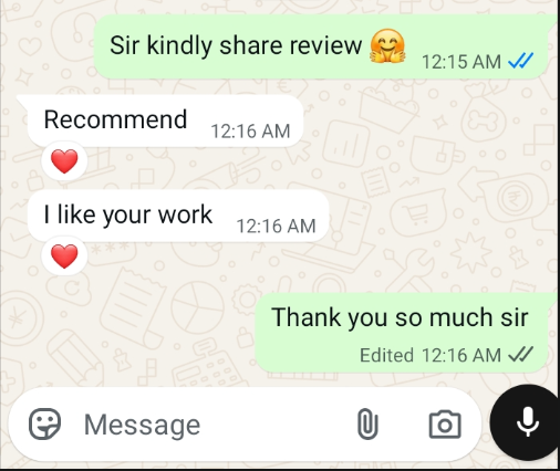 WhatsApp review from a Sami Studios client — 'I like your work, recommend'